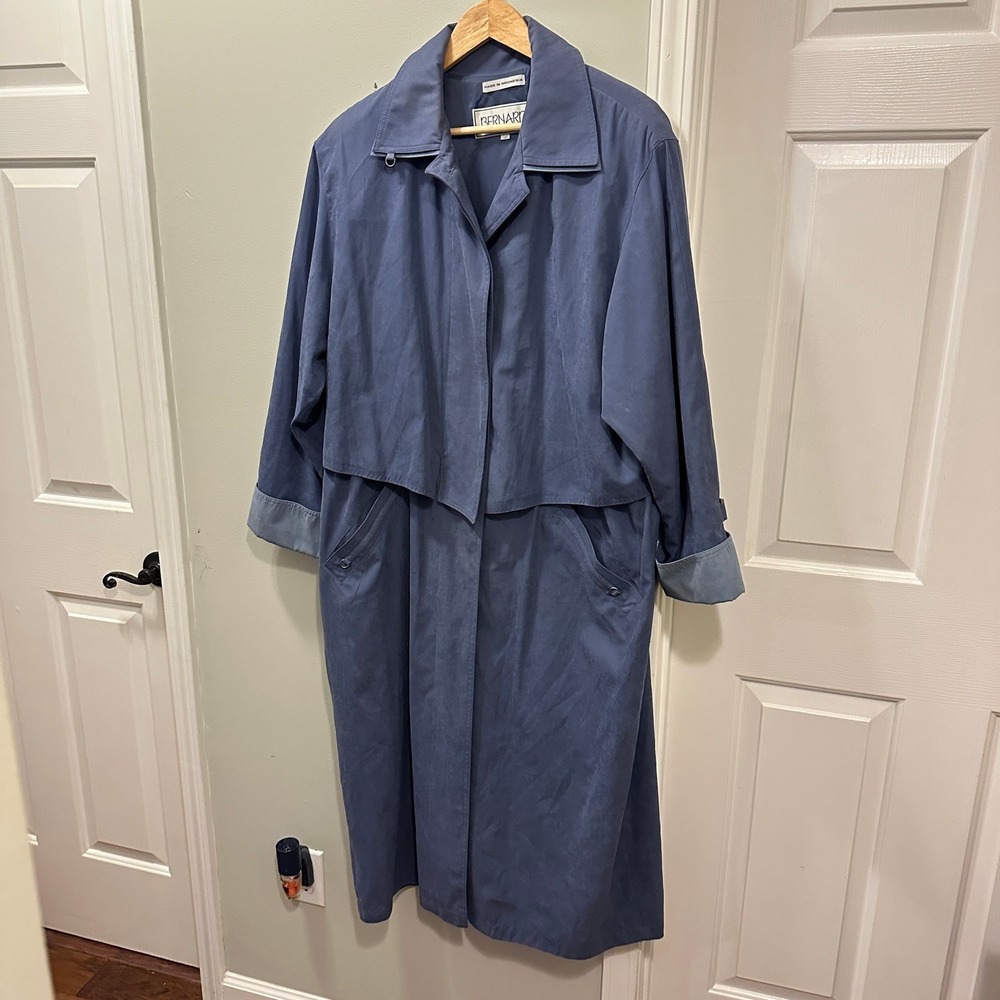 Vintage Bernardo Trench Coat Womens 12 Blue Long Raincoat Storm Flap 90s classic